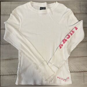 Woman’s Lucky Brand White Tee with Pink Sleeve Print Size M